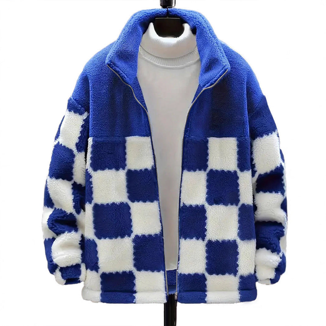 Damen Plüschjacke mit Karomuster und hohem Kragen Drune