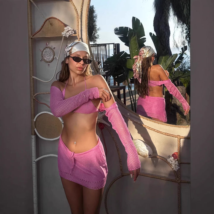 Damen Häkel-Bikini-Set mit langem Arm und passendem Rock Drune