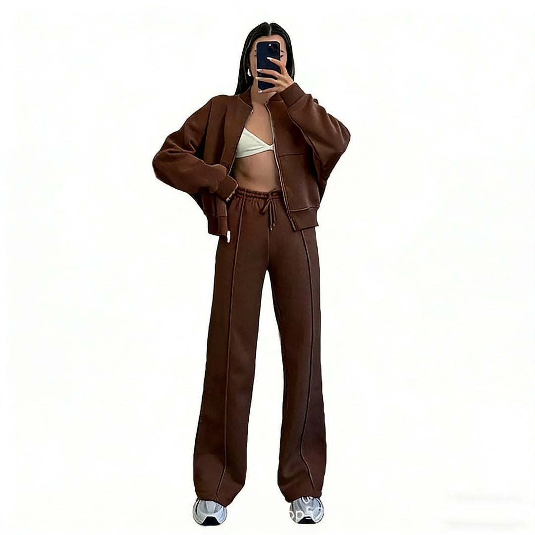 Damen nan kurz geschnittenes Blouson mit Reißverschluss und weiter High-Waist Jogginghose Set Drune
