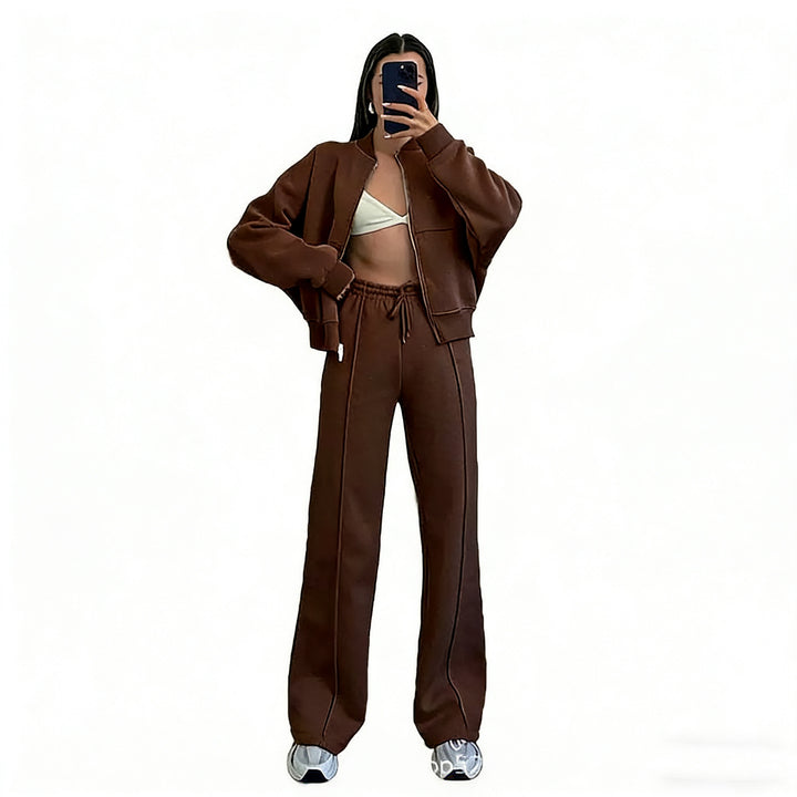 Damen nan kurz geschnittenes Blouson mit Reißverschluss und weiter High-Waist Jogginghose Set Drune