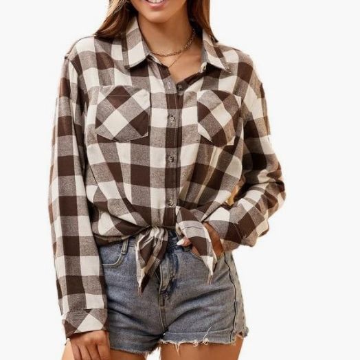 Damen karierte Flanellbluse mit Knoten-Detail Drune