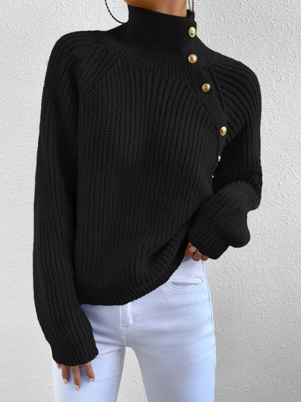 Damen Modischer Strickpullover mit hohem Kragen und Knopfdetail Drune