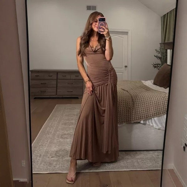 Damen Maxikleid mit eleganter Drapierung und schickem V-Ausschnitt Drune
