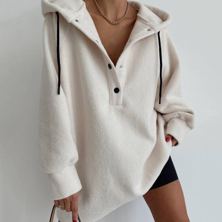 Damen nan kuscheliges Kapuzen-Fleece-Tunika-Sweatshirt mit Druckknopfleiste und überschnittener Schulter Drune
