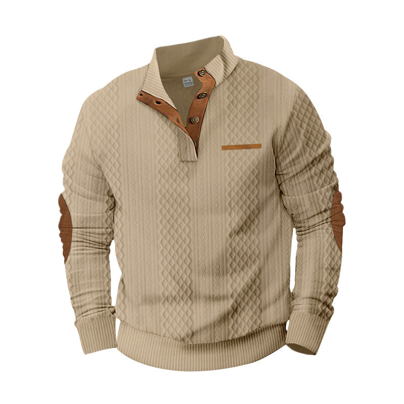 Herren nan strukturierter Strickpullover mit Stehkragen, Knopfleiste und Ellenbogenpatches Drune