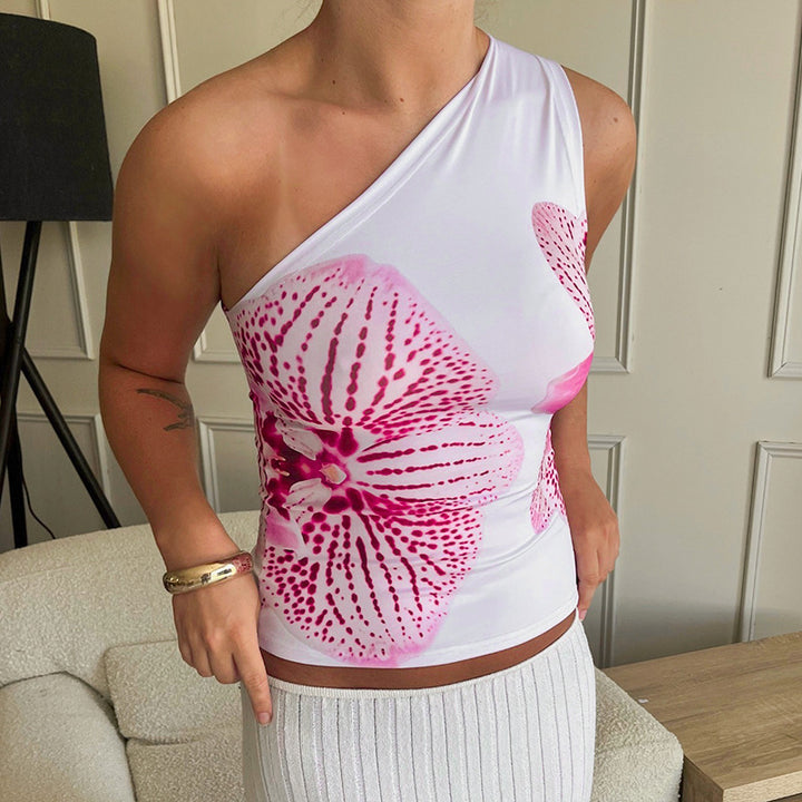 Damen asymmetrisches Trägershirt mit floraler Druckgestaltung Drune