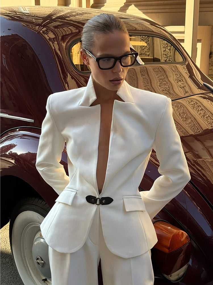 Damen elegantes Tailor-Anzug-Set mit minimalistischer Silhouette und tiefem Ausschnitt Drune
