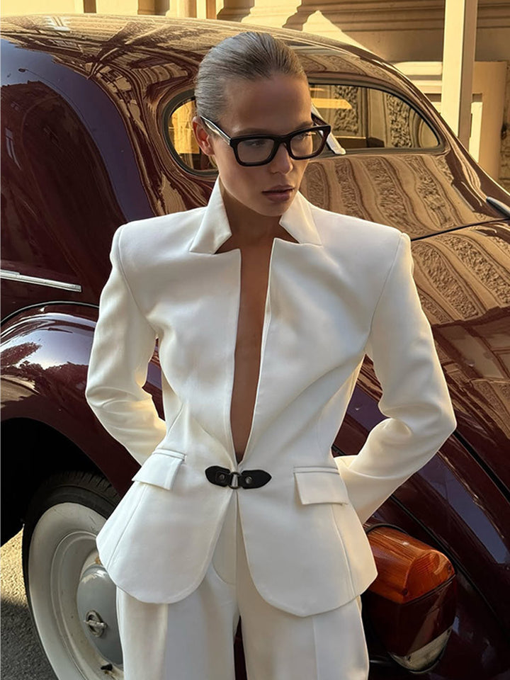 Damen elegantes Tailor-Anzug-Set mit minimalistischer Silhouette und tiefem Ausschnitt Drune