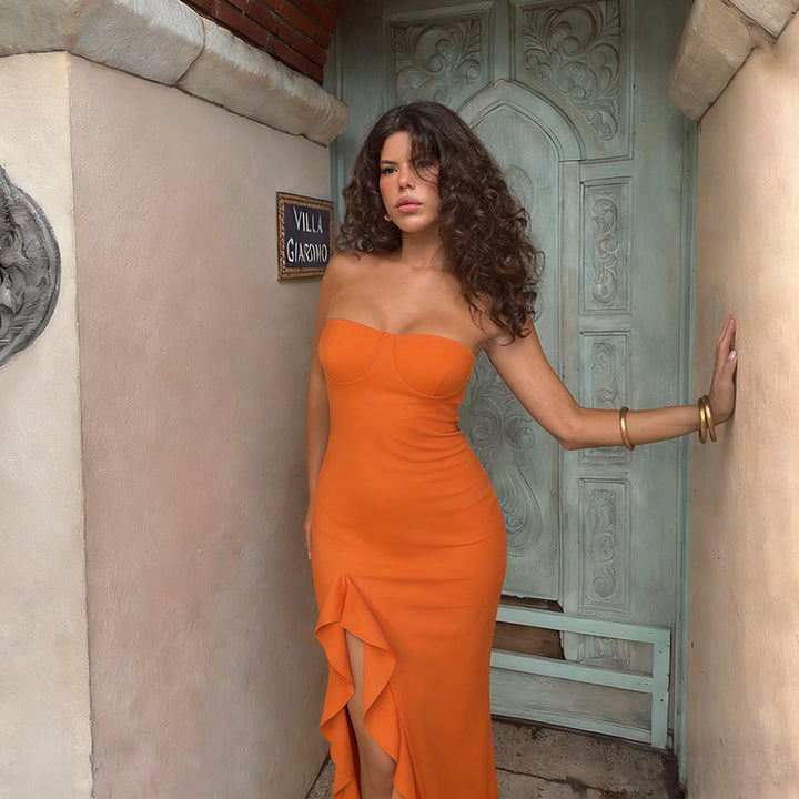 Damen Elegantes Maxi-Kleid mit voluminösem Rüschensaum und trägerlosem Design Drune