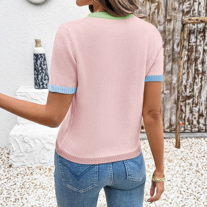 Damen modisches Kurzarm-Strickoberteil mit bunten Akzenten und stylischem Netzmuster Drune