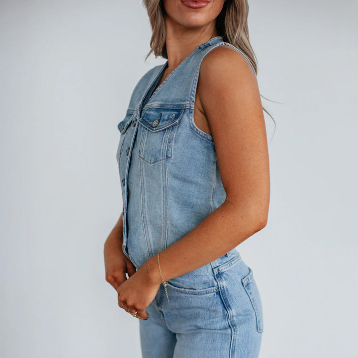 Damen Denim Weste mit Knopfleiste und modernen Schnittrahmen Drune