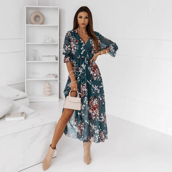 Drune | Kurzarm Split Chiffon Bedrucktes Maxikleid