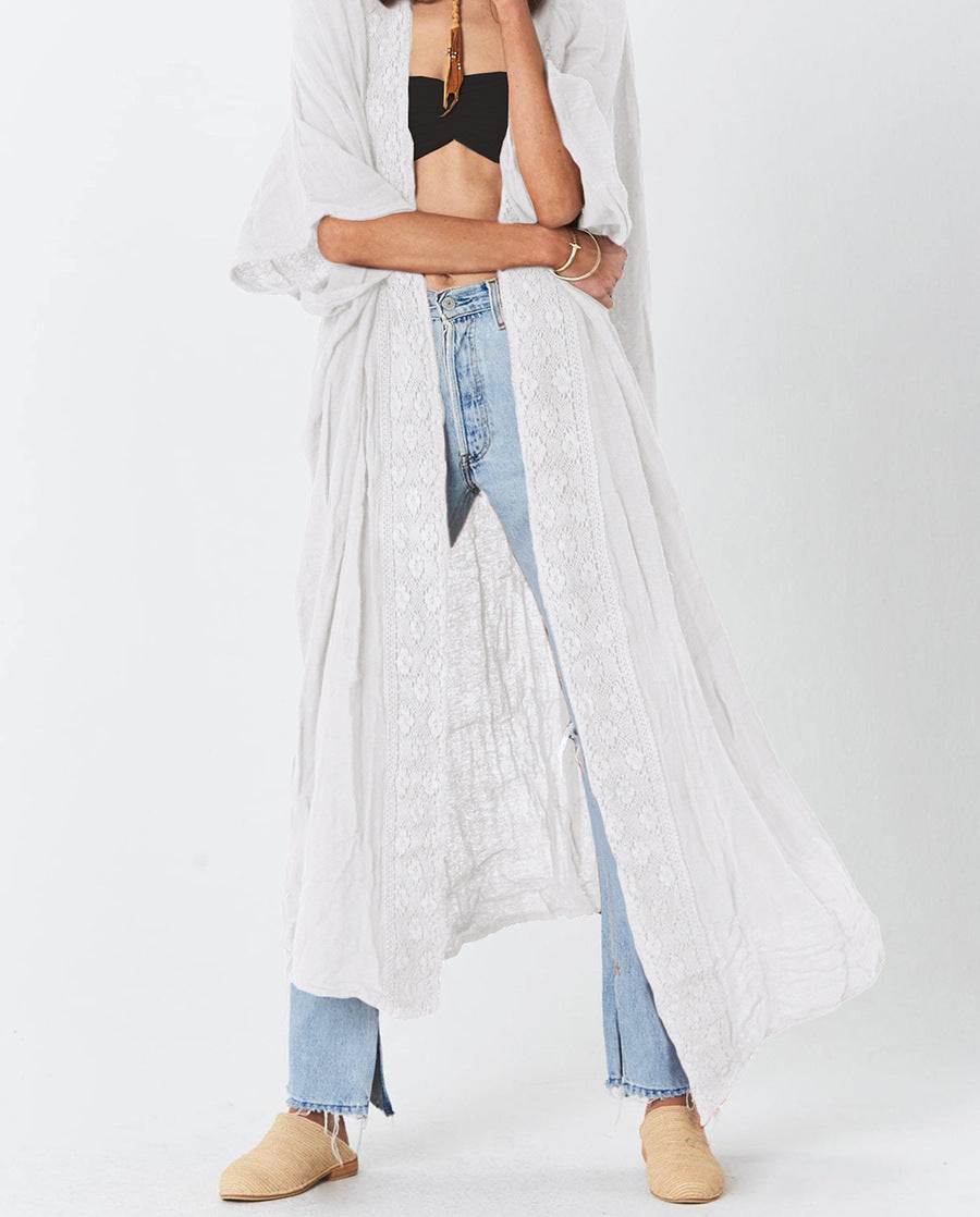 Damen luftiger Kaftan mit feiner Häkelverzierung und weitem Schnitt Drune