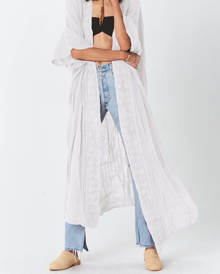 Damen luftiger Kaftan mit feiner Häkelverzierung und weitem Schnitt Drune