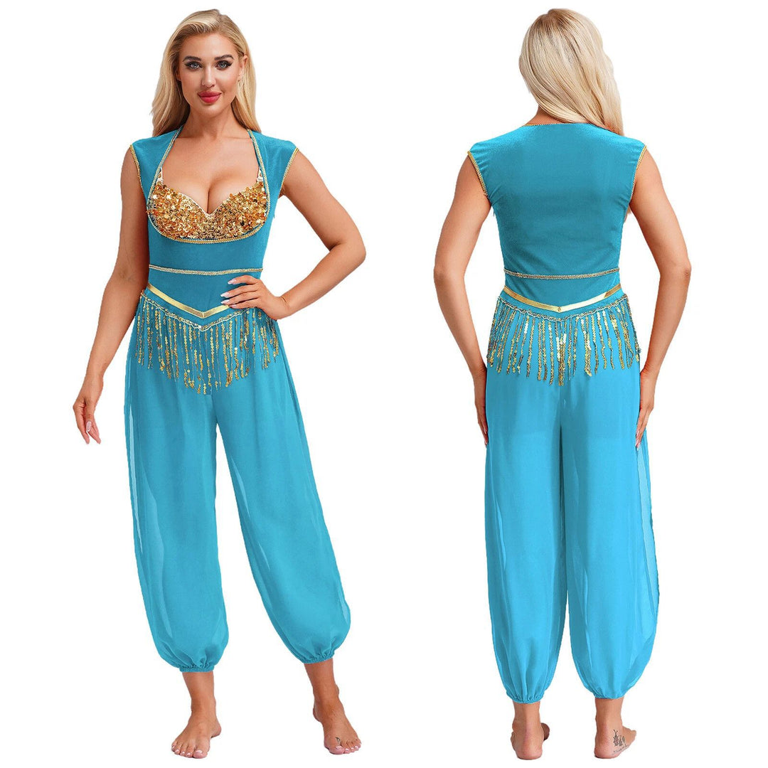 Damen Kostüm-Jumpsuit mit glitzerndem Oberteil und lässiger Hose Drune