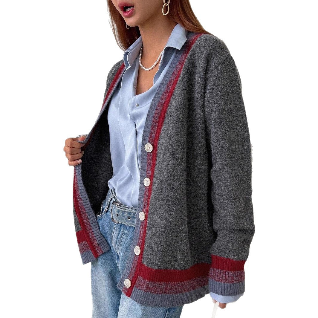 Damen modische Strickjacke mit kontrastierenden Absetzungen und klassischen Knopfdetails Drune