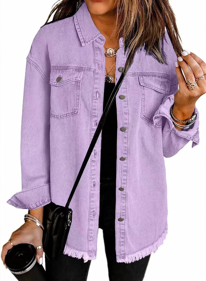 Damen Jeanshemd mit fransigem Saum und praktischen Taschen Drune