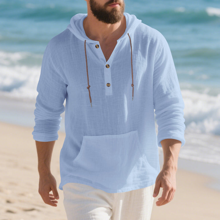 Herren nan leichtes Leinen-Henley-Kapuzenoberteil mit Kängurutasche und lässigem Relax-Fit Drune