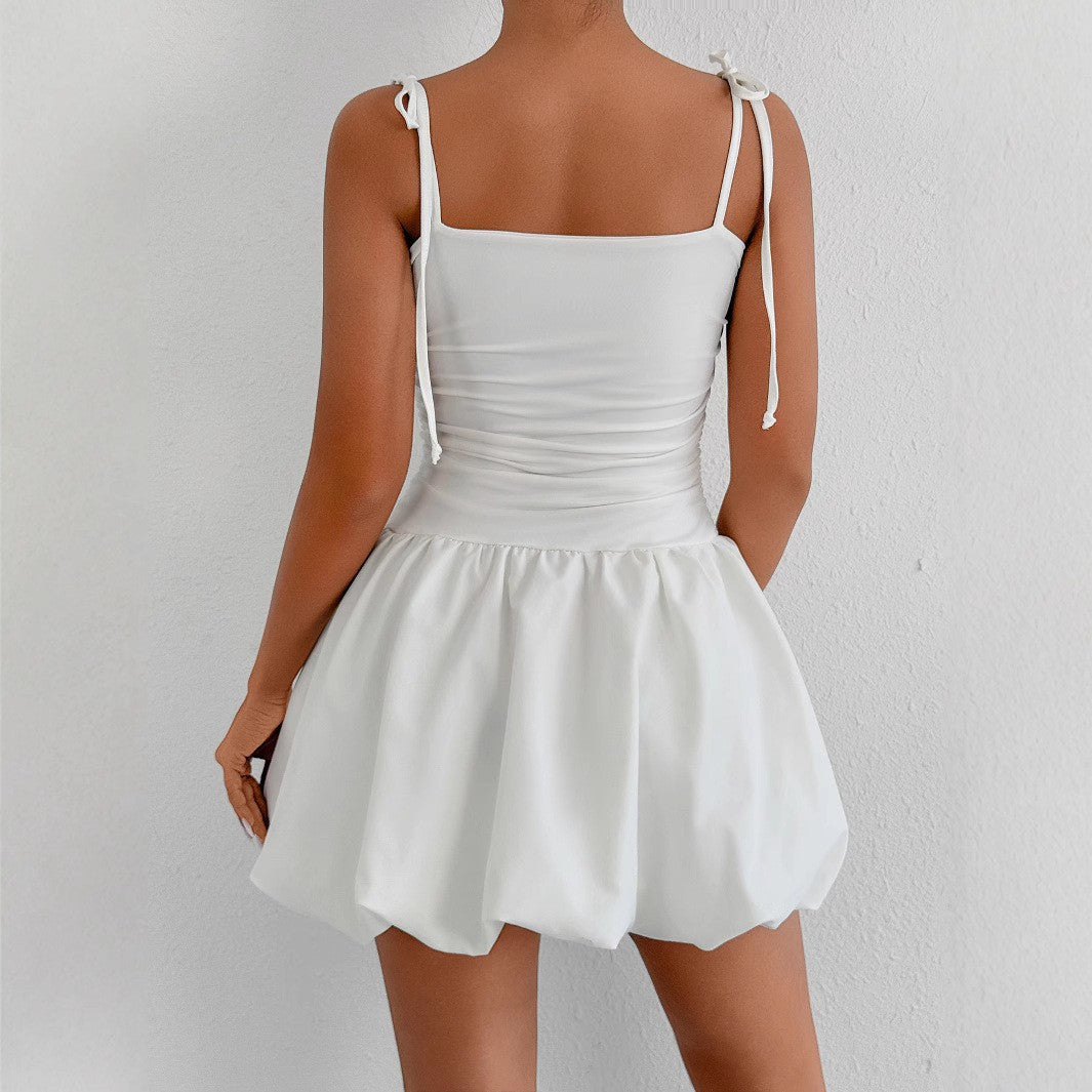 Damen verspieltes Minikleid mit Spaghetti-Trägern und gerafftem Rock Drune