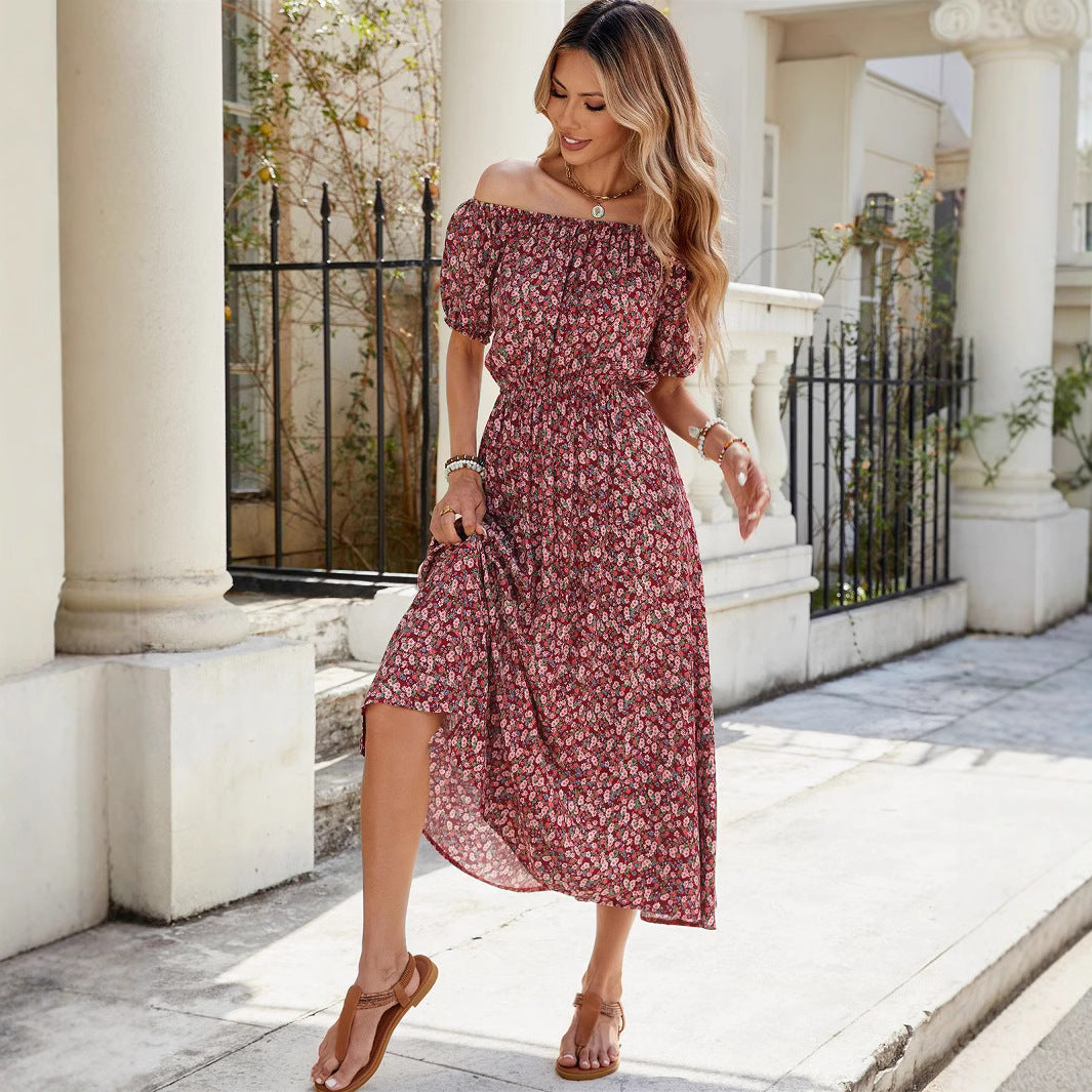 Damen luftiges Midikleid mit Puffärmeln und floralem Muster Drune