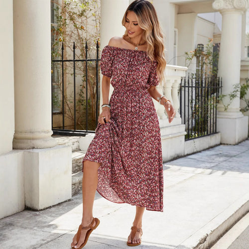 Damen luftiges Midikleid mit Puffärmeln und floralem Muster Drune