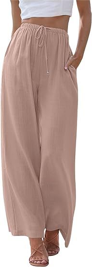 Damen nan weite Leinenhose mit elastischem Bund Kordel und Seitentaschen Drune