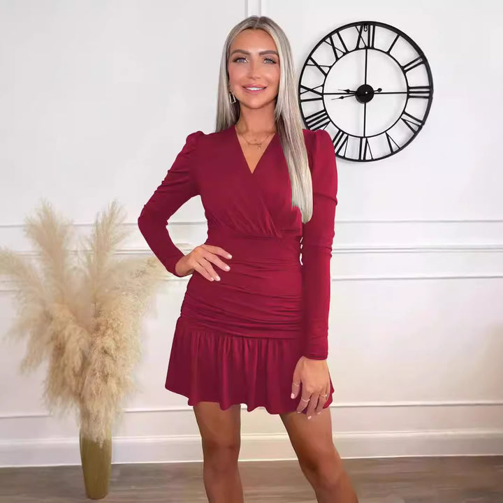 Damen Wickelkleid mit Rüschen und langen Ärmeln Drune