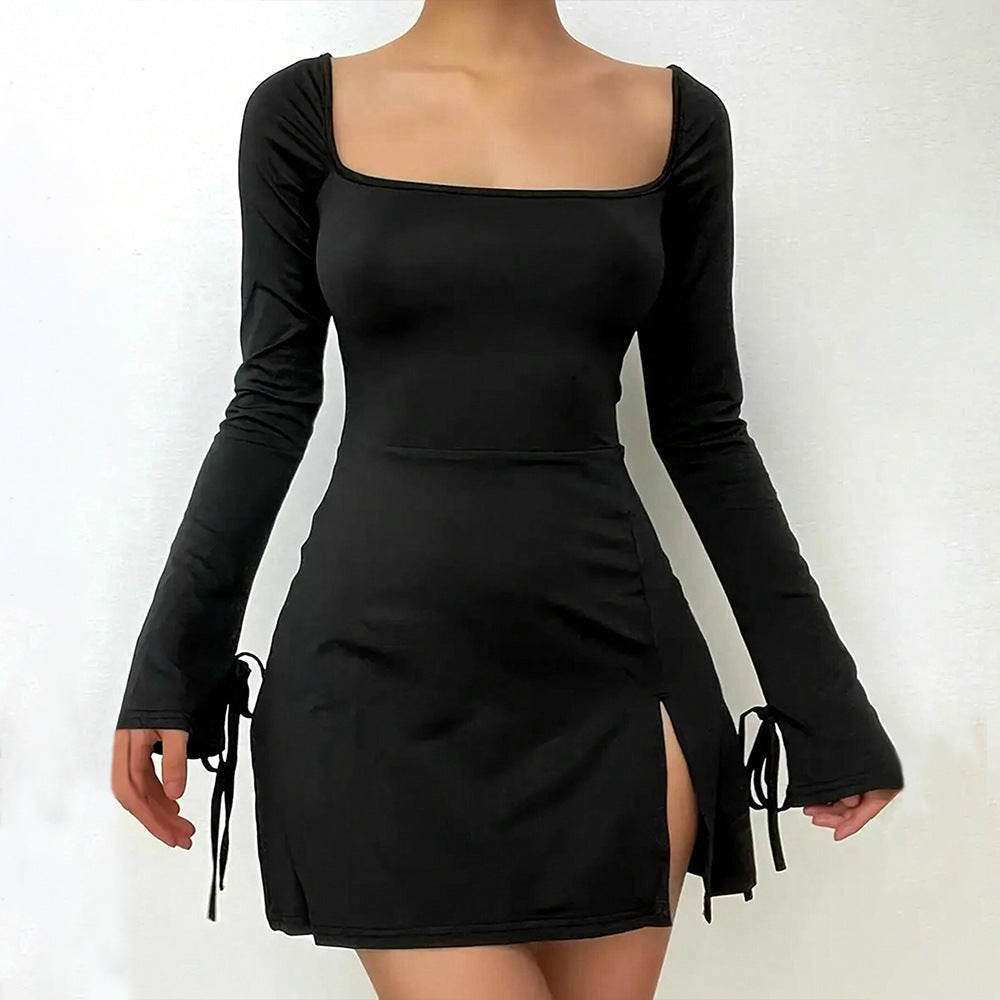 Damen Minikleid mit tiefem V-Ausschnitt, langem Arm und eleganter Schnürung Drune