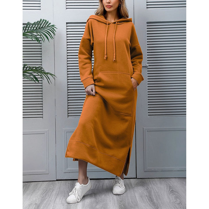 Damen nan langes Kapuzen-Sweatkleid mit Kängurutasche, Seitenschlitzen und lockerer Oversize-Passform Drune