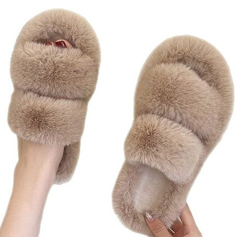 Damen Flauschige Hausschuhe mit doppeltem Riemen und weichem Innenfutter Drune