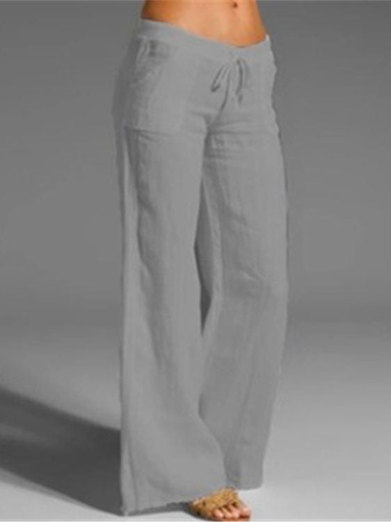Damen weite Leinenhose mit hochgezogenem Bund und seitlichen Taschen Drune