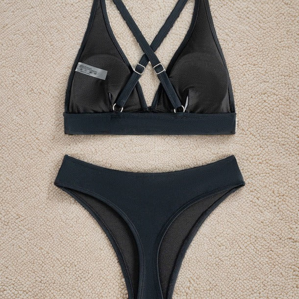 Damen Hochgeschnittener Bikini mit tiefem V-Ausschnitt und sportlichem Design Drune