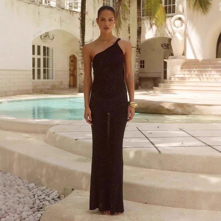Damen Elegantes Maxikleid mit asymmetrischem Träger und schimmernden Akzenten Drune