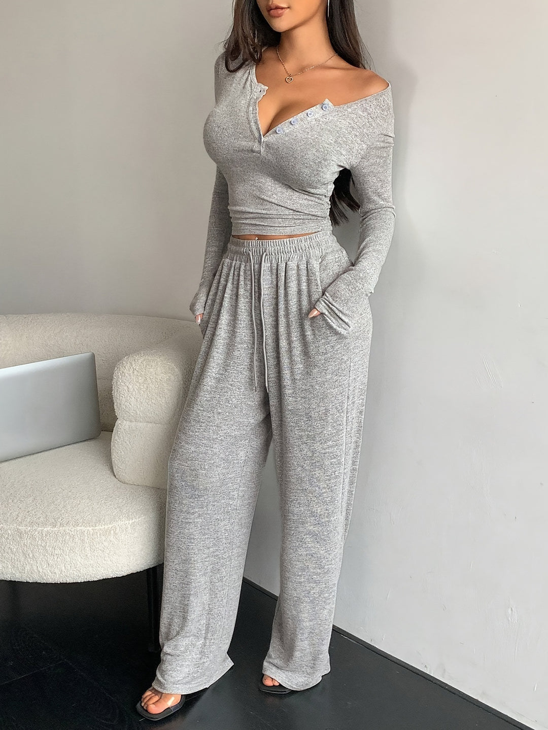 Damen komfortables Oberteil und weite Jogginghosen Set Drune
