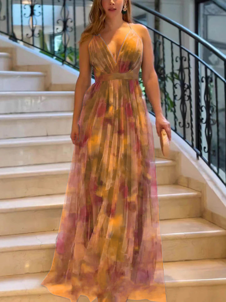 Damen Elegantes Maxikleid mit schwingendem Rock und raffiniertem V-Ausschnitt Drune