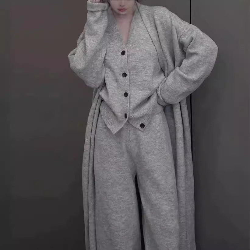 Damen elegantes Strickensemble mit Longcardigan und weiten Hosen Drune