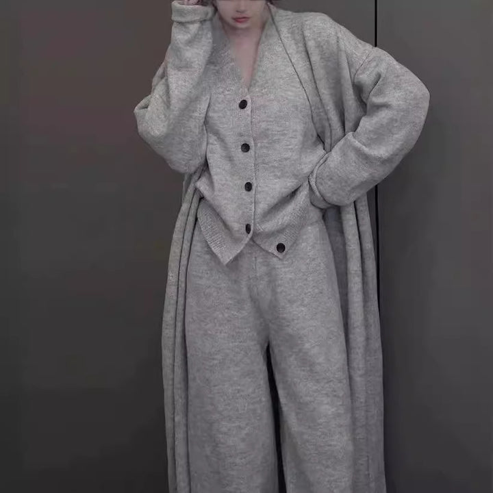 Damen elegantes Strickensemble mit Longcardigan und weiten Hosen Drune