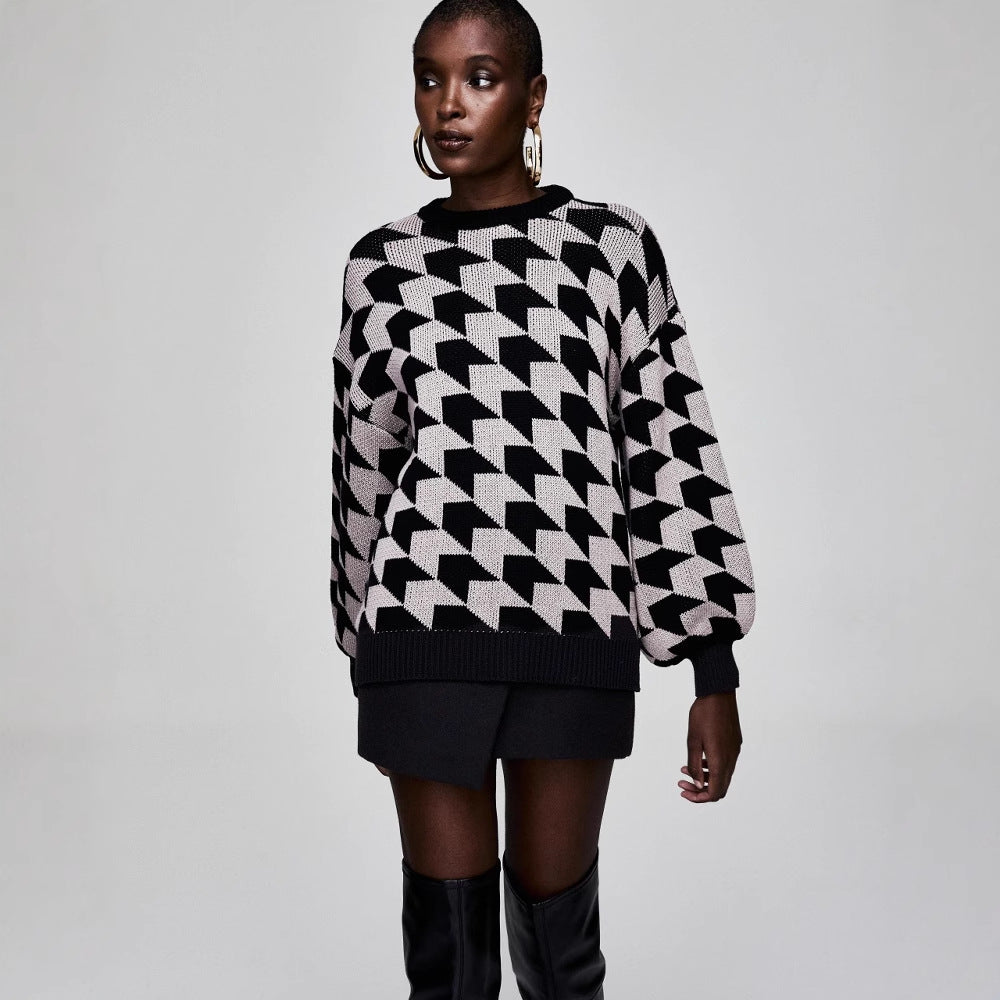 Damen geometrischer Strickpullover mit lässigem Schnitt und trendigen Trompetenärmeln Drune