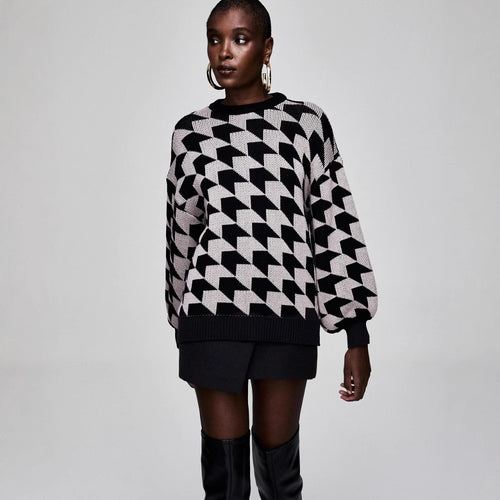 Damen geometrischer Strickpullover mit lässigem Schnitt und trendigen Trompetenärmeln Drune