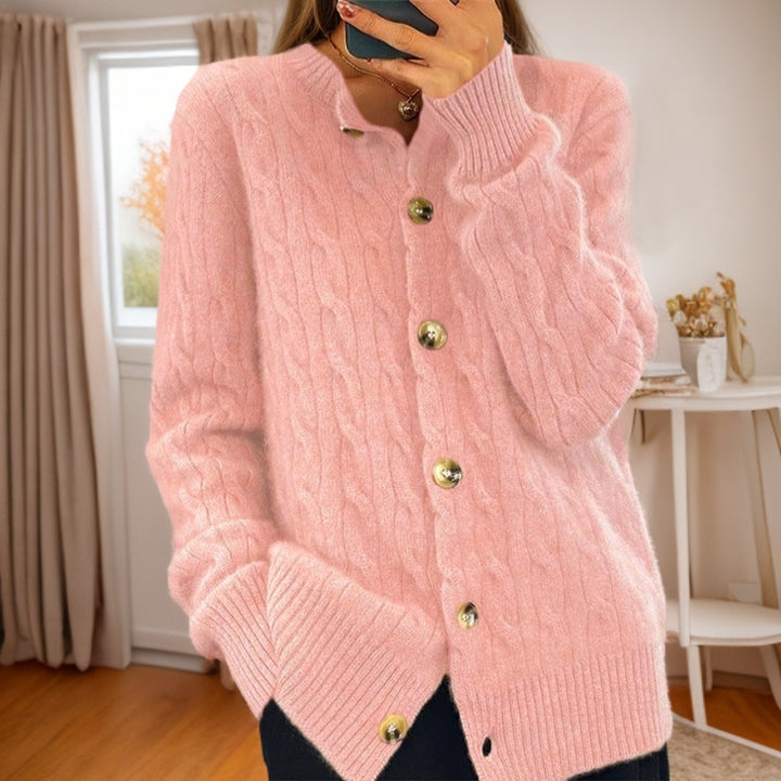 Damen Kaschmir Strickjacke mit Knopfverschluss und strukturiertem Zopfmuster Drune