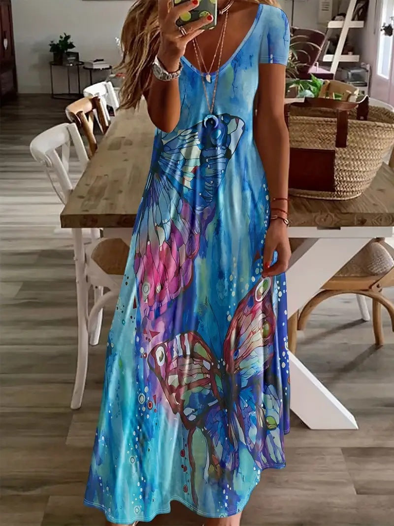 Damen Maxikleid mit floralen Schmetterlingsmotiven und weich fließendem Stoff Drune