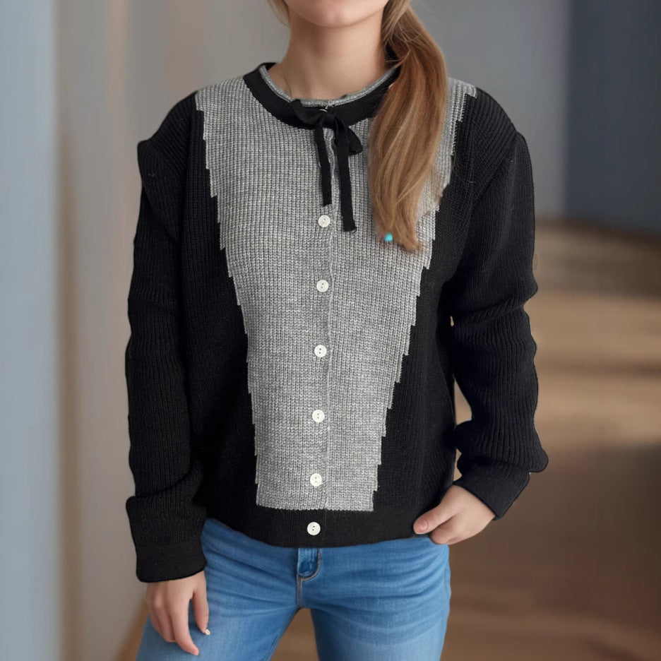 Damen Strickjacke mit kontrastierenden Mustern und dekorativen Knopfdetails Drune