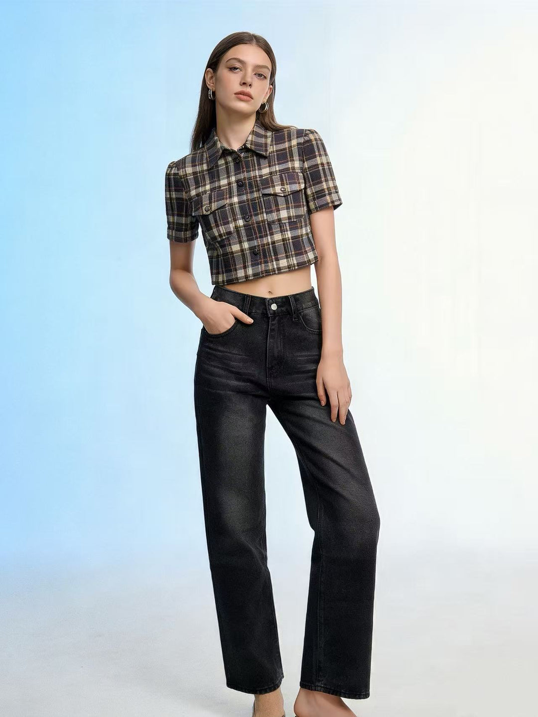Damen nan hochgeschnittene Jeans mit schmaler Hüftpassform und weitem Schlag im Retro-Stil Drune