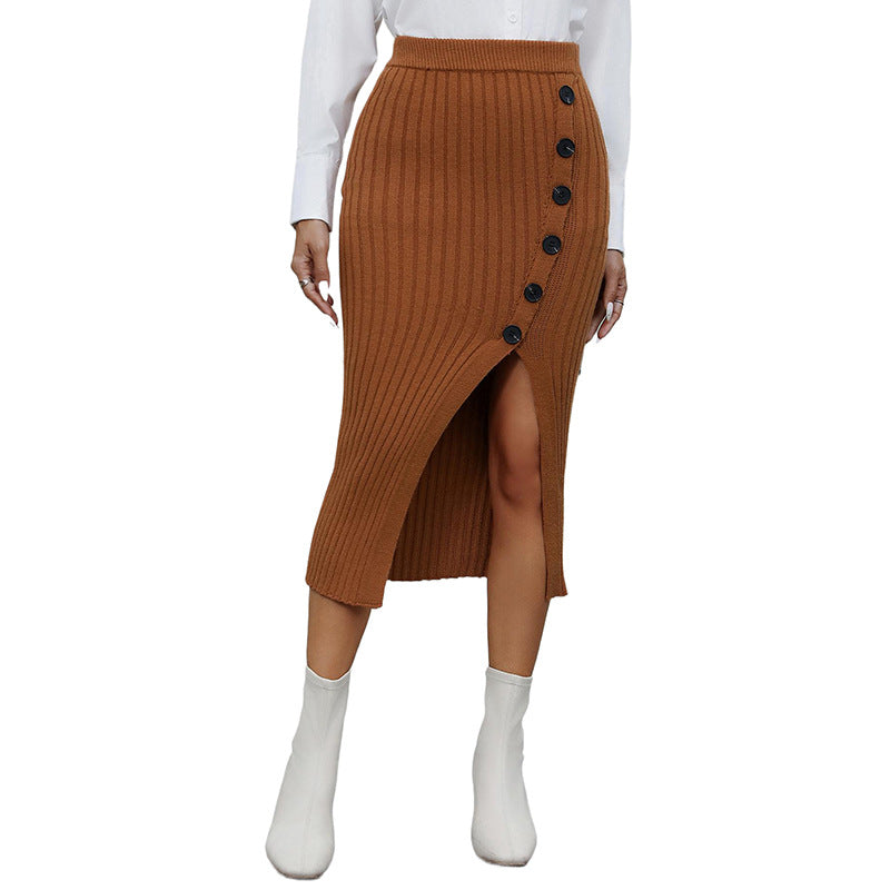 Damen Strickrock mit seitlichem Schlitz und dekorativen Knopfdetails Drune