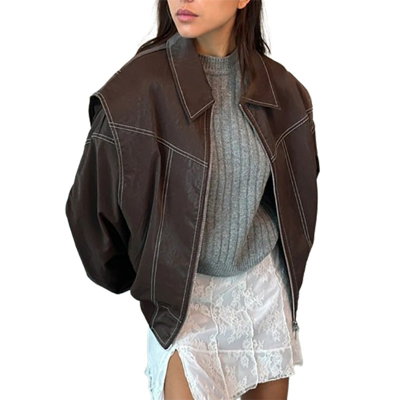 Damen modische Kunstlederjacke mit auffälligem Kragen Drune