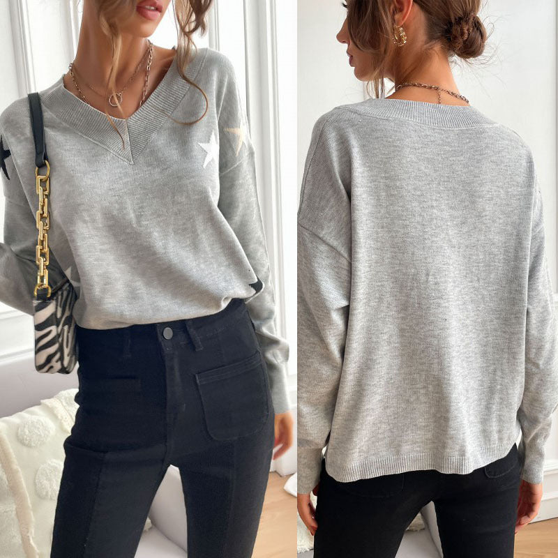 Damen V-Ausschnitt Pullover mit Sternenmotiven und lässigem Schnitt Drune