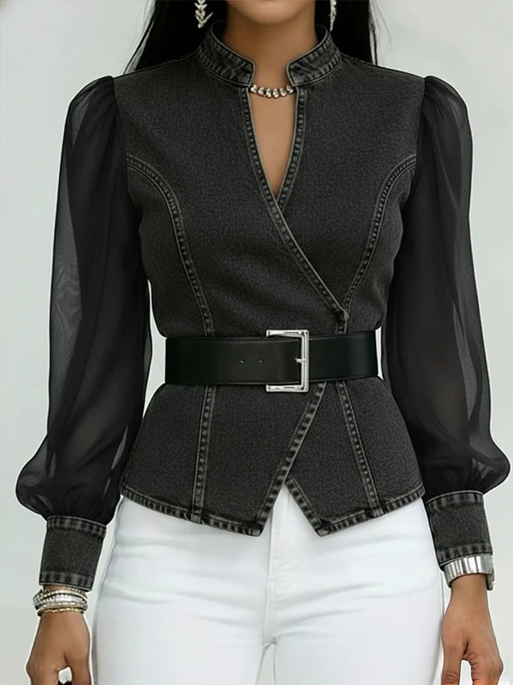 Damen Jeansbluse mit transparenten Ärmeln und tailliertem Design Drune