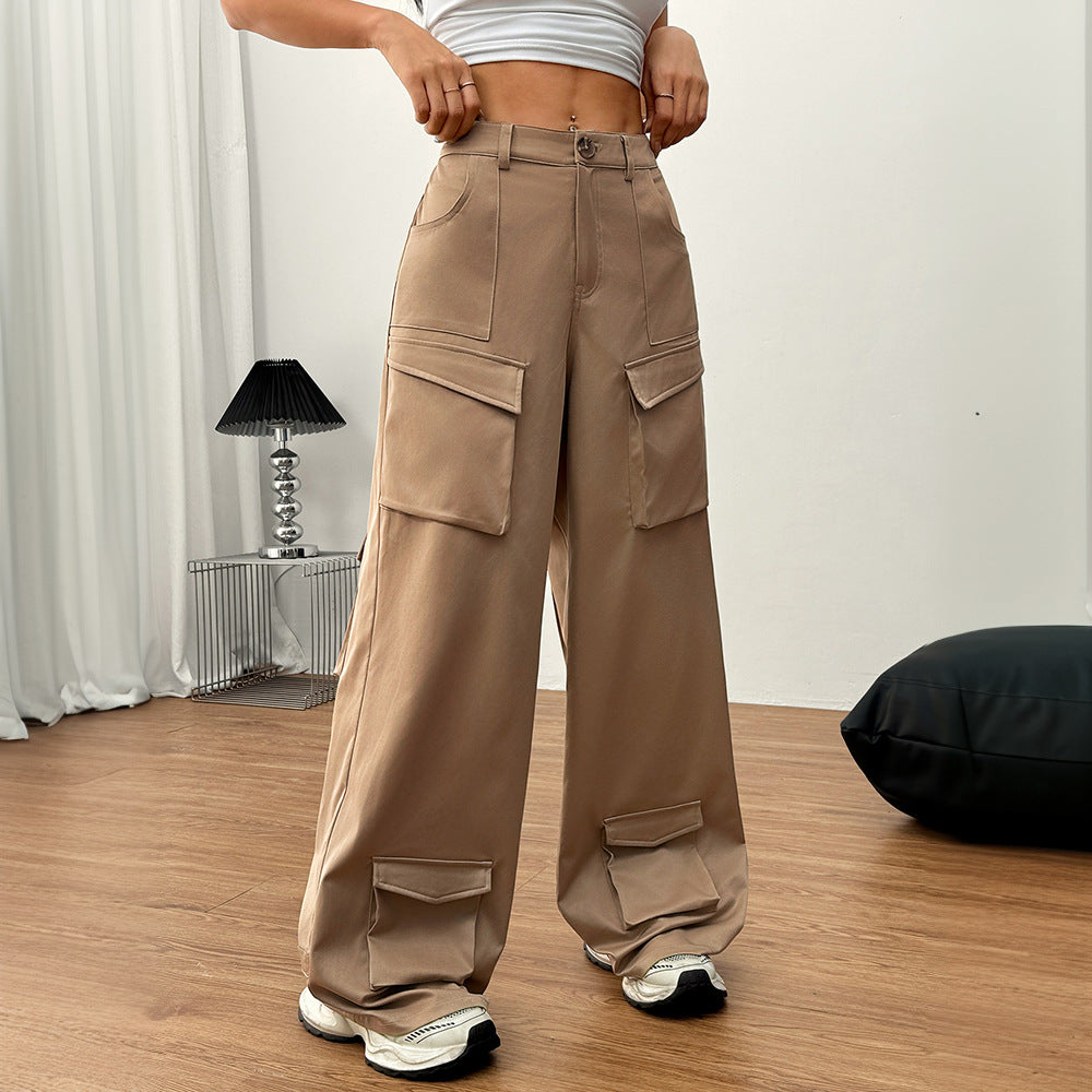 Damen weite Cargo-Hose mit praktischen Taschen und elastischem Bund Drune