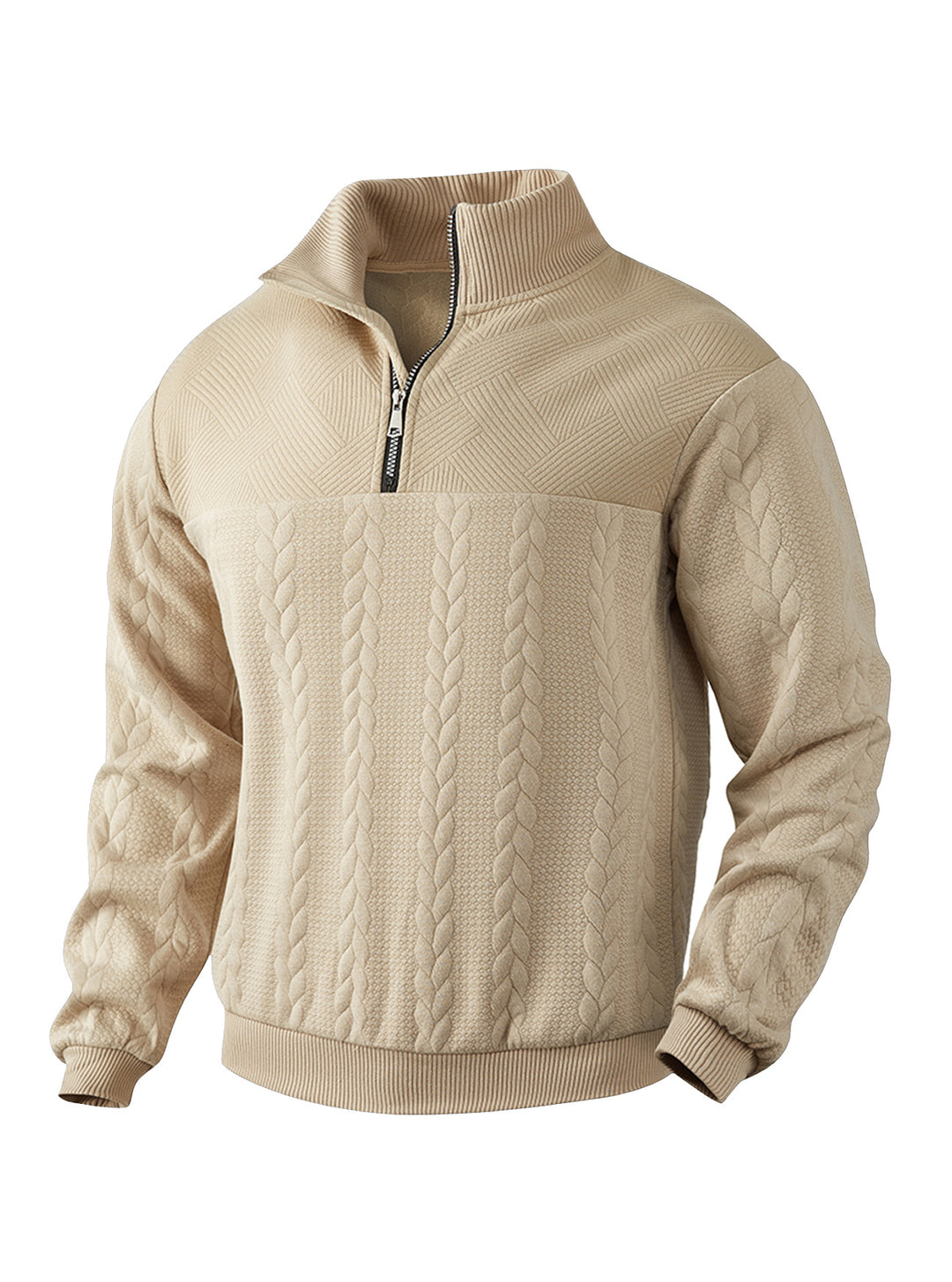 Herren nan texturierter Strickpullover mit Halbzip, geflochtenem Zopfmuster und hohem Stehkragen Drune