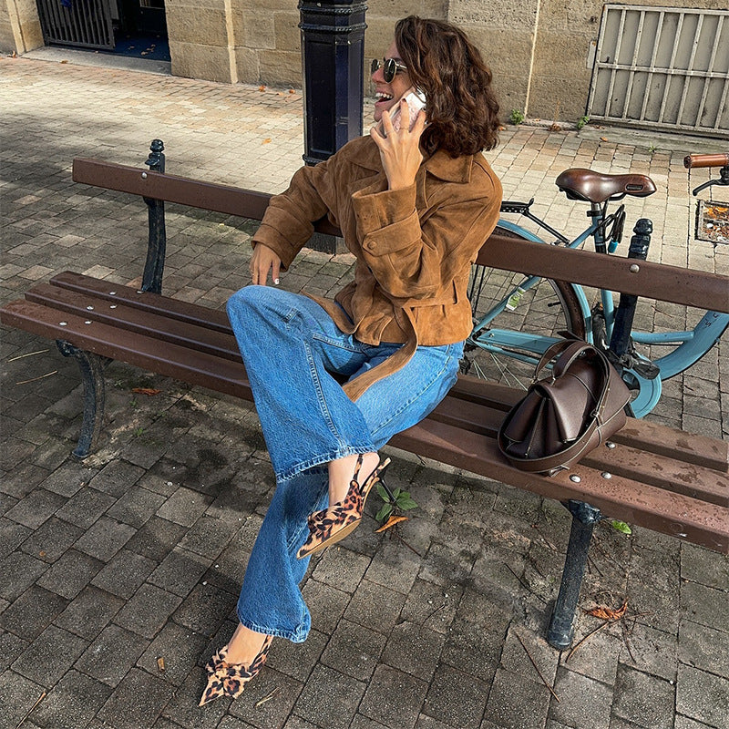 Damen Luxus Wildlederjacke mit taillierbarem Gürtel und elegantem Revers Drune